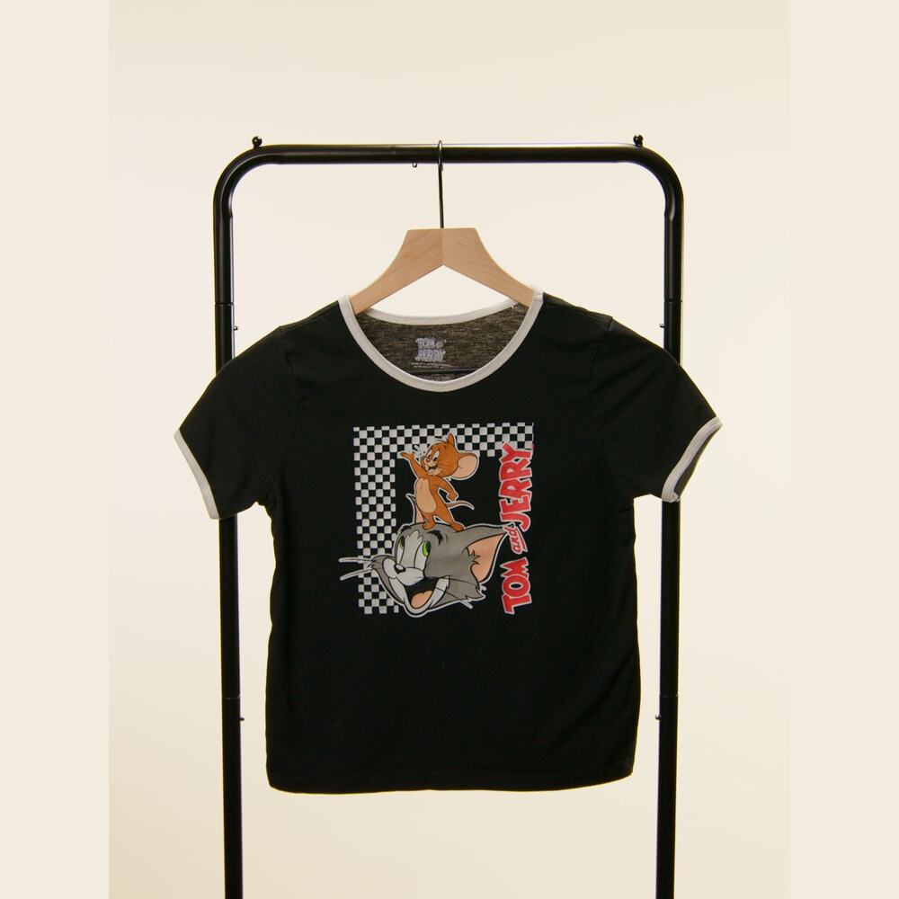 Tom and Jerry Black Graphic Ringer T-Shirt Cartoon Checkerboard Tee